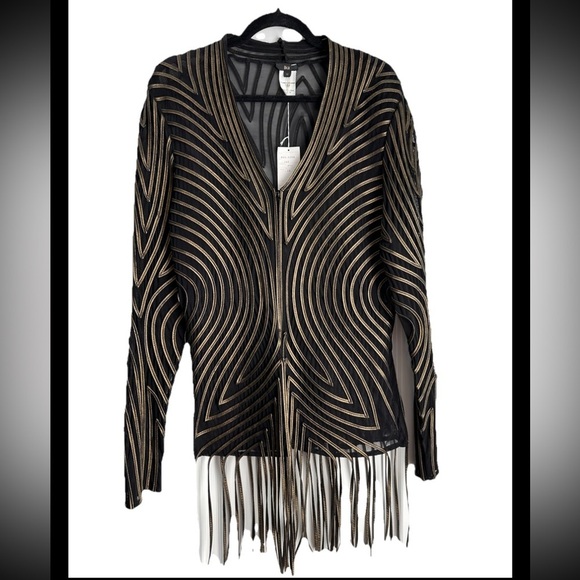 IKA Jackets & Blazers - IKA Couture 90’sVINTAGE Gold Metallic Blk Mesh Zip Fringe Jacket Rare NWT Sz 12
